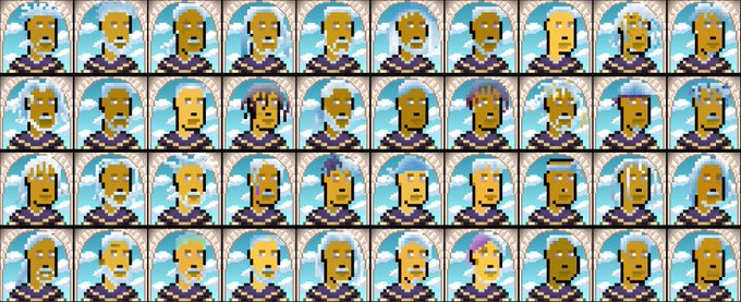 A pixel art sprite sheet showing multiple character frames of a blonde figure standing in clouds, featuring various facial expressions and what appears to be blood effects.