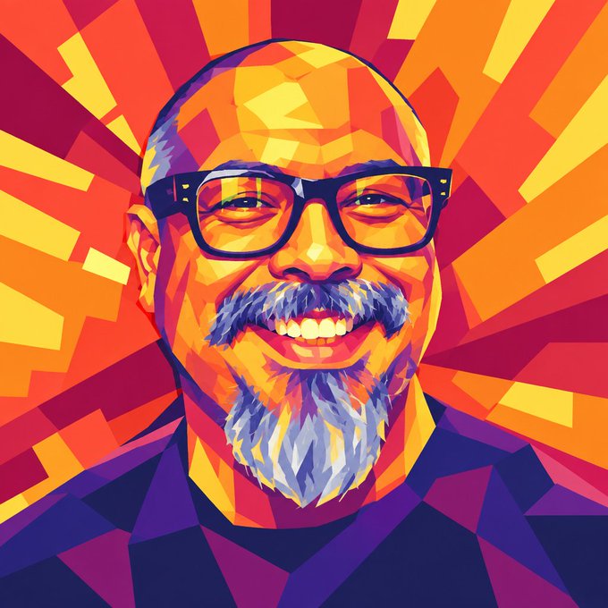 A vibrant, geometric pop-art style illustration of a smiling, bald man with glasses and a gray beard, set against a radiating orange and yellow background.