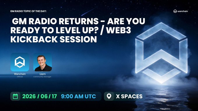 A promotional graphic for 'GM RADIO RETURNS – ARE YOU READY TO LEVEL UP? / WEB3 KICKBACK SESSION' hosted by Wanchain and Liam (Community Manager), scheduled for 2026/06/17 at 9:00 AM UTC on X Spaces.