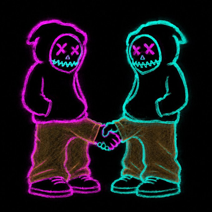 A neon-style digital drawing on a black background showing two hooded figures, one outlined in pink/magenta and the other in cyan, facing each other with glowing X-eyes and stitched-grin skull faces.