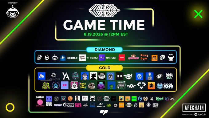 A promotional graphic for "ADVERSITY NATION GAME TIME" event on 8.19.2026 @ 12PM EST, displaying Diamond and Gold tier sponsor logos including Apichain, with a cute mascot character in the corner.