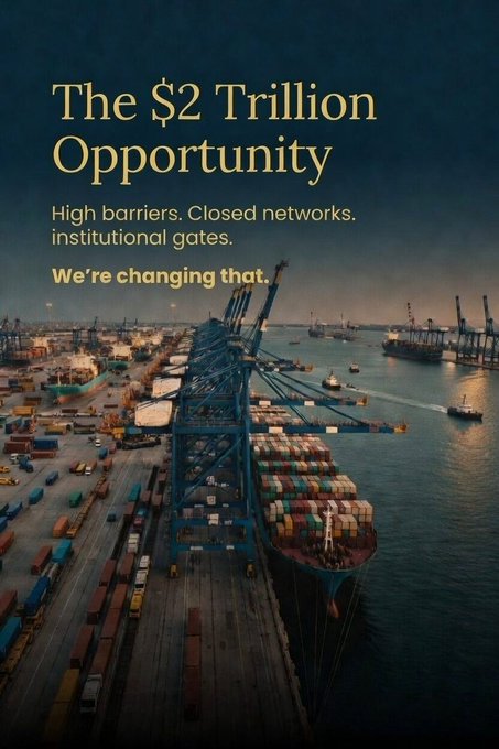 An aerial twilight view of a busy shipping port features stacked cargo containers, cranes, and a large container ship, overlaid with text reading "The $2 Trillion Opportunity — High barriers. Closed networks. institutional gates. We're changing that." The image visually reinforces the post's message about the $2 trillion maritime sector that supports 80% of global trade, illustrating the massive shipping infrastructure that @EthraShip Protocol aims to open up beyond legacy institutions.