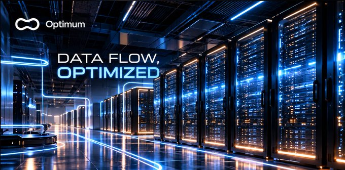 A futuristic server room with glowing blue lights features the logo 'Optimum' and the text 'DATA FLOW, OPTIMIZED'.