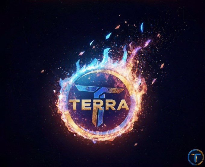 A fiery, cosmic logo of the "TERRA" cryptocurrency surrounded by a blazing ring of flames and scattered embers against a dark starry background, visually representing the burning of $TERRA tokens as highlighted in the Terraport weekly burn report.