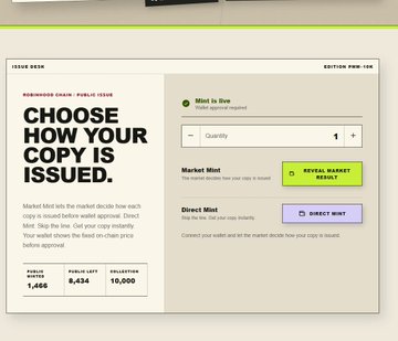 The image shows the "Issue Detail" page for Edition 008–106 of the Paperchain–Publication collection, featuring the headline "CHOOSE HOW YOUR COPY IS ISSUED" in a two-column layout. The left column explains that the Market Mint lets the market decide how each copy is issued before approval, while the Direct Mint skips that step, with stats below showing a starting price of 1,466, a public left of 8,434, and a collection size of 10,000. The right column provides options to mint via Market Mint (green button, results visible to market) or Direct Mint (purple button, immediately issues), along with a quantity selector. This directly ties to the accompanying post about minting a free copy via papermarket.bond and viewing the collection on OpenSea, as the page shown is the very minting interface being referenced.
