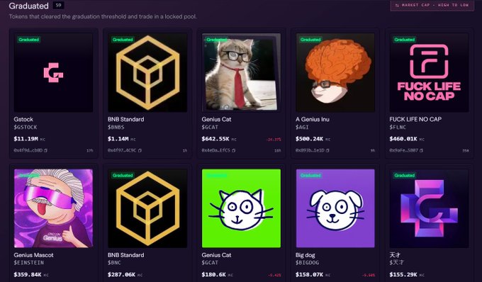 The image shows a "Graduated" tokens page displaying various memecoins including $Gstock ($6STOCK at $11.39M), BNB Standard ($BNBS at $1.14M and $BNBC at $287.06K), Genius Cat ($GCAT at $642.55K and $180.6K), A Genius Inu ($AGI at $500.24K), FUCK LIFE NO CAP ($FLNC at $468.01K), Genius Mascot ($EINSTEIN at $359.84K), Big dog ($DOGG at $158.07K), and 太子 ($X.I at $155.29K), all marked with "Graduated" status. This visual supports the post by illustrating the variety of memecoins spawned from CZ and Yihe's tweets supporting Genius, with $Gstock standing out as the top performer while most others (like the multiple BNB Standard, Genius Cat, and lower-valued tokens) struggled to