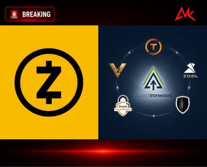 Breaking news graphic about Zcash Ironwood network upgrade, featuring the Zcash logo and various partner logos including T, Zool, and a shield emblem.