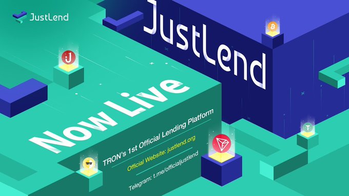 The image is a vibrant promotional graphic for JustLend DAO, featuring bold "NOW Live" text announcing it as "TRON's 1st Official Lending Platform," alongside links to its official website (justlend.org) and Telegram channel (@officialjustlend), with cryptocurrency icons scattered across an isometric green and blue background. This visual ties into the post by showcasing JustLend DAO's innovative decentralized approach to lending, emphasizing its pioneering status on TRON and aligning with the message about its agile, community-driven risk control mechanisms.