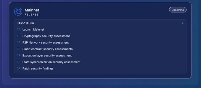 A dark blue project roadmap panel titled 'Mainnet Release' marked 'Upcoming', listing tasks including 'Launch Mainnet', 'Cryptography security assessment', 'P2P Network security assessment', 'Smart contract security assessments', 'Execution layer security assessment', 'State synchronization security assessment', and 'Patch security findings'.
