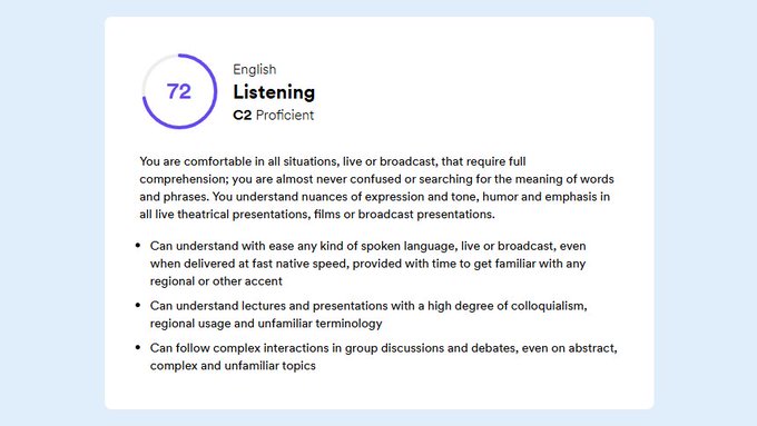 A proficiency assessment card showing a score of 72 for 'English Listening' at the C2 Proficient level, with descriptive text about comprehension abilities.