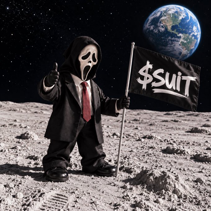 A figure in a black hooded robe and Ghostface mask stands on the lunar surface giving a thumbs-up, holding a black flag reading "$suit" with Earth visible in the starry background.