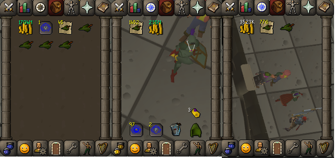 A top-down view of the Old School RuneScape Chambers of Xeric raid shows a player character alongside teammates, with inventory slots displaying items like ranarr seeds, herbs, and supplies, alongside the in-game chat displaying messages from team members about reaching 7m GP and continuing to buy as prices stabilize. The raid activity and visible resources like herbs and coins directly reflect the post's discussion about wealth management and trading during the raid.