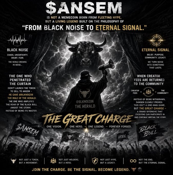 A dark promotional graphic for "$ANSEM" cryptocurrency, featuring a black bull and a figure with a megaphone, with text reading "FROM BLACK NOISE TO ETERNAL SIGNAL" and "THE GREAT CHARGE."