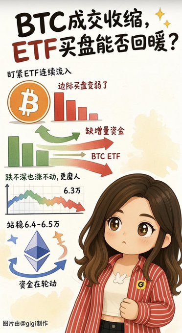 A Chinese infographic discussing BTC trading volume contraction and whether ETF buying can warm the market, featuring an illustration of a woman and various cryptocurrency charts.