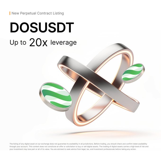 The image is a promotional announcement for the new DOSUSDT perpetual contract listing on Bybit, featuring a metallic 3D abstract sculpture with green-striped spheres that visually represents the dappOS logo. The ad highlights "Up to 20x leverage" trading availability and includes a standard risk disclaimer at the bottom.