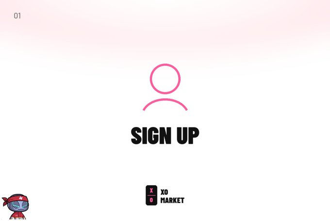 A minimalist sign-up screen featuring a pink user icon and 'XO MARKET' branding.