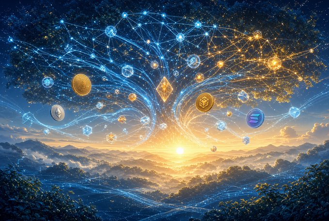 The image creatively merges the physical beauty of a mountain landscape with digital and financial symbolism, highlighting the intricate web of connectivity that characterizes blockchain technology. It visually reinforces the message from @CNPYNetwork about the importance of robust underlying infrastructure over the hype of digital tokens, by illustrating the seamless flow and accessibility of onchain assets across a vast, connected space.