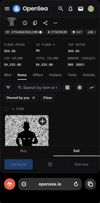 A mobile screenshot of the OpenSea NFT marketplace displaying the "strangersolemn" collection on Ethereum, showing a floor price of $55.58, 24H volume of $4,525.89, and 305 owners. The image relates to the post by showcasing the collection from which the user minted an NFT called "FrontRun" using a whitelist spot.
