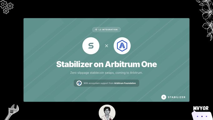 A promotional graphic titled 'Stabilizer on Arbitrum One' announcing an L2 integration, featuring logos for Stabilizer and Arbitrum, with text reading 'Zero slippage stablecoin swaps, coming to Arbitrum.'