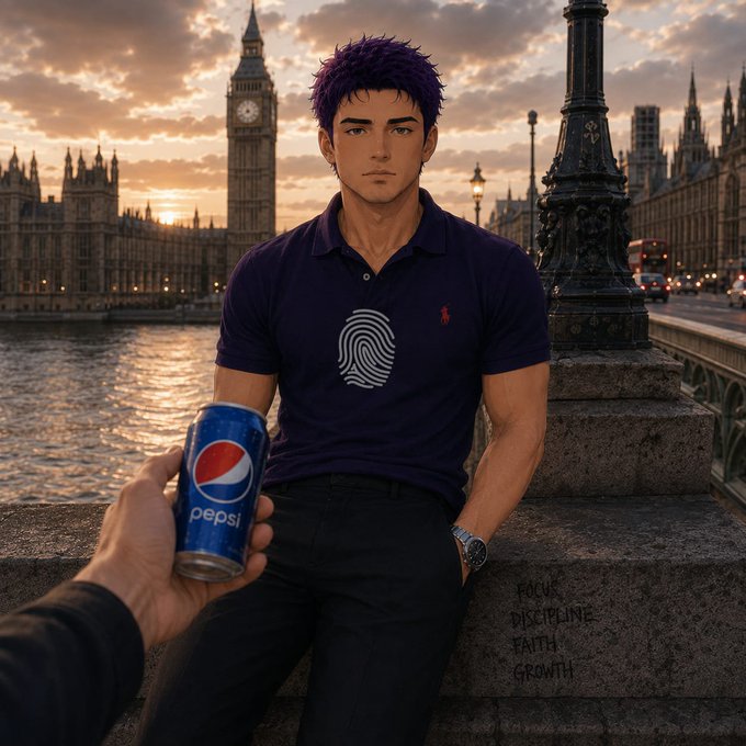 A young man with purple hair leans against a stone railing in London, with Big Ben and a red double-decker bus visible in the background at sunset, while a hand extends a Pepsi can toward him. The stone beside him bears the carved words "FOCUS, DISCIPLINE, FAITH, GROWTH," echoing the post's themes of patience and personal development while highlighting the BeldexCoin research mentioned.