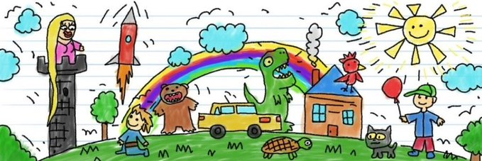 A colorful, childlike crayon-style drawing depicting various characters including a princess on a tower, a rocket, a monster, a dinosaur, a sun, and children playing on a green landscape with a rainbow.