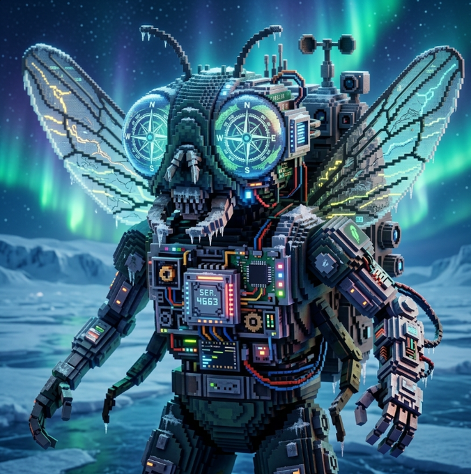 A similar robotic, insect-like creature stands in an icy landscape under the aurora borealis, featuring compass-like eyes and a display reading 'SEA 4663'.