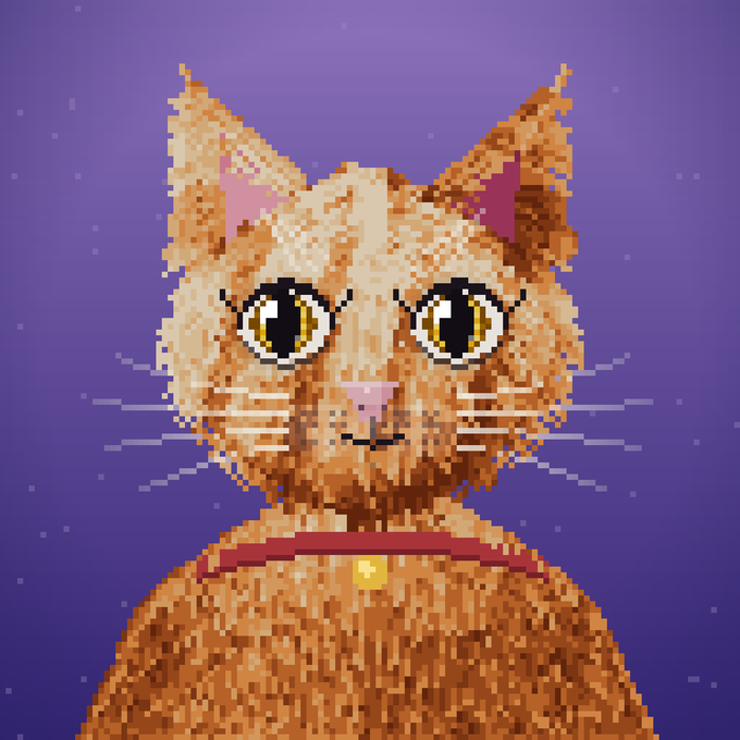 A pixelated orange tabby cat portrait with large expressive eyes, whiskers, and a red collar with a gold bell, set against a purple starry background—fitting the "Ink Kitties" pixel art series of 555 cat portraits on the Ink blockchain.
