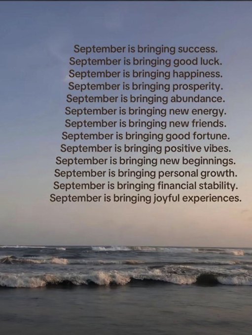 An ocean beach scene at sunset overlaid with text about September bringing success, luck, happiness, prosperity, abundance, new energy, new friends, good fortune, positive vibes, new beginnings, personal growth, financial stability, and joyful experiences.