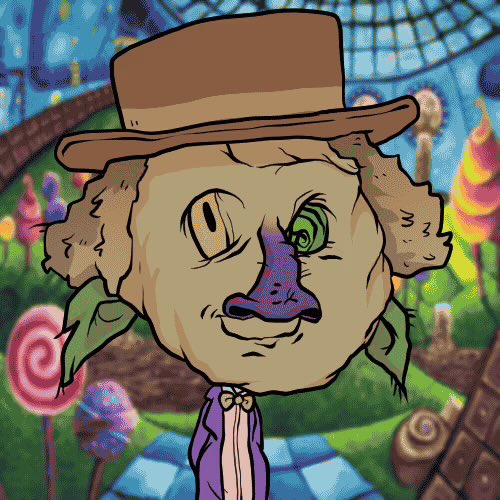 A whimsical illustration of a dog-like character with a purple nose, green eye, and brown top hat, set against a colorful candy-themed background with lollipops and a checkered path.