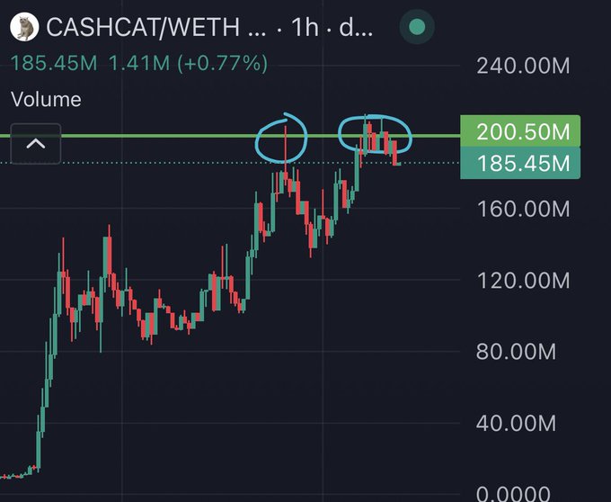 A 1-hour candlestick chart for CASHCAT/WETH shows the token trading at 185.45M with a 0.77% gain, currently testing resistance near the 200.50M level as circled annotations highlight two recent failed breakout attempts—directly illustrating the post's claim that $CashCat is on the verge of breaking $200M market cap.