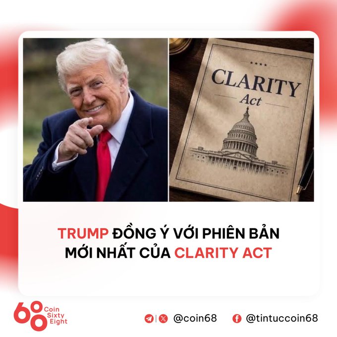 A news graphic from Coin Sixty Eight showing Donald Trump pointing at the camera next to an image of the 'CLARITY Act' document, with Vietnamese text translating to 'Trump agrees with the latest version of the Clarity Act'.