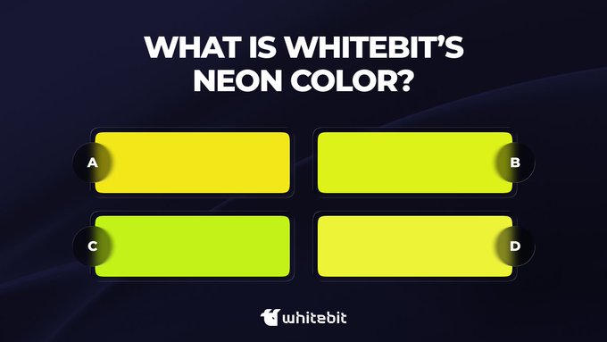 WhiteBit quiz asking 'WHAT IS WHITEBIT'S NEON COLOR?' with four yellow/lime color options labeled A, B, C, and D.