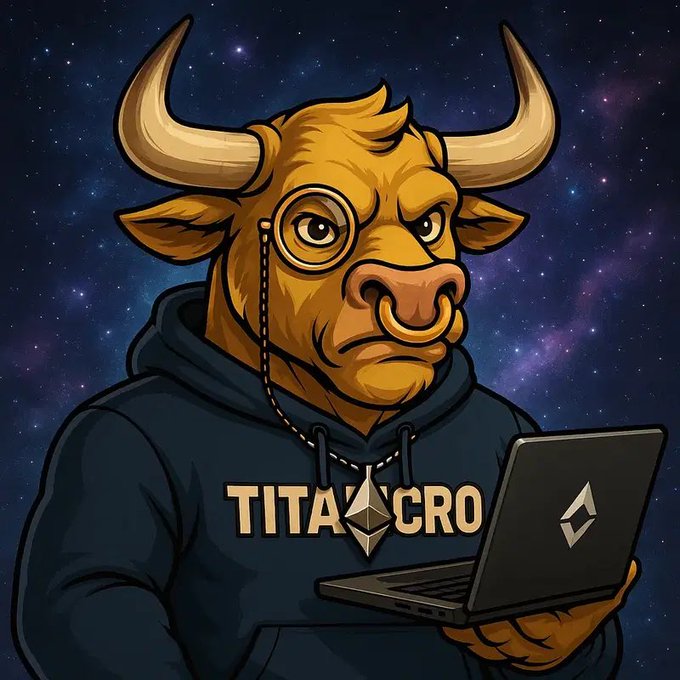 The image shows a stylized cartoon bull character wearing a monocle and nose ring, dressed in a dark hoodie, and holding a laptop displaying the Ethereum logo. The text "TITANCRO" is prominently featured on the hoodie, with the Ethereum diamond symbol incorporated into the design, all set against a cosmic starry background. This visually represents the TitanCro NFT (#178) mentioned in the post, symbolizing crypto community support and the "bullish" spirit of backing a fellow creator.