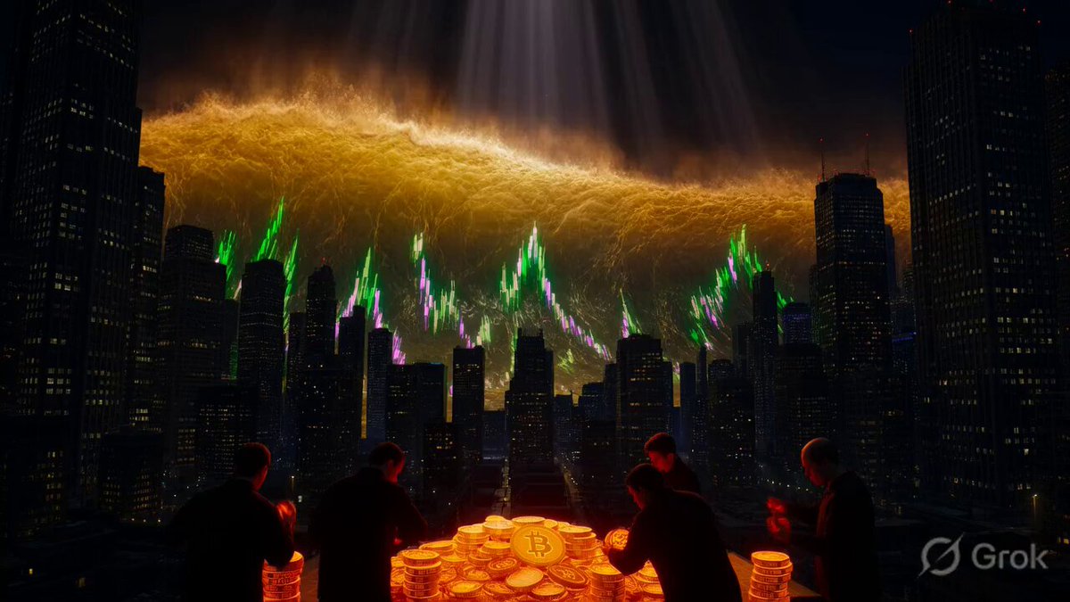 The image features a group of people standing around a table with gold coins, possibly at an event or gathering. The scene takes place in front of a city skyline, which adds depth and context to the setting. The photo has been edited to include a large explosion effect that illuminates the sky above the cityscape, creating a dramatic atmosphere.
