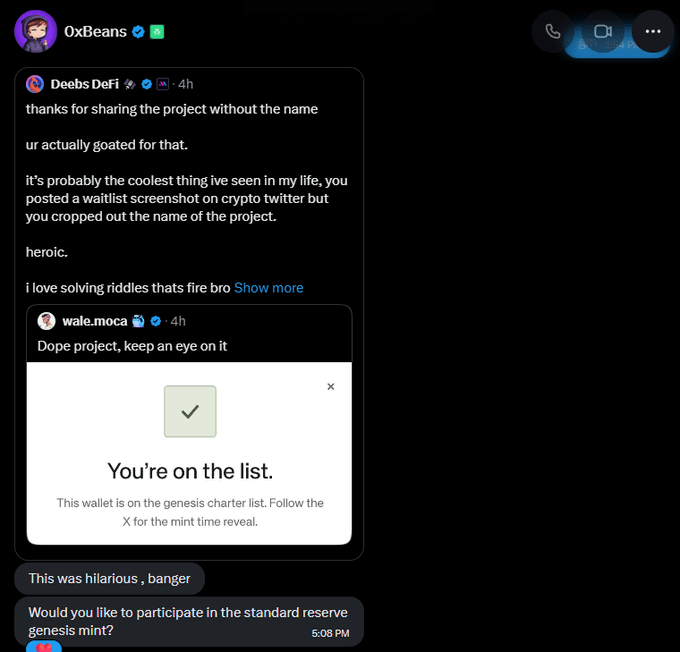 A Twitter conversation showing user "wale.moca" posting a "You're on the list" Genesis charter list confirmation screenshot for a crypto project, with another user "Deebs DeFi" humorously calling out that the project name was cropped out, while OxBeans replies "This was hilarious, banger" and asks about participating in the standard reserve genesis mint, highlighting the viral moment of securing a whitelist.