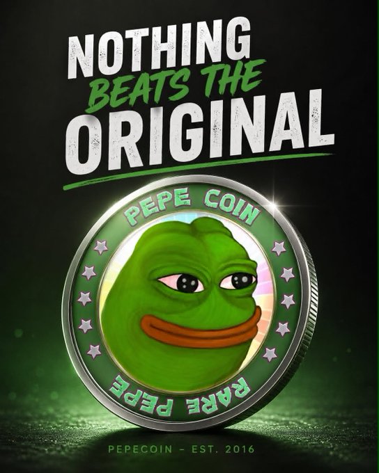 A promotional graphic reads 'NOTHING BEATS THE ORIGINAL' featuring a large green 'PEPE COIN' token marked 'RARE PEPE' and 'PEPECOIN - EST. 2016'.