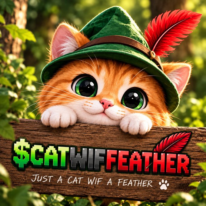 A digital illustration/meme for '$CATWIFFEATHER' showing an orange and white kitten wearing a green hat with a red feather, captioned 'Just a cat wif a feather'.