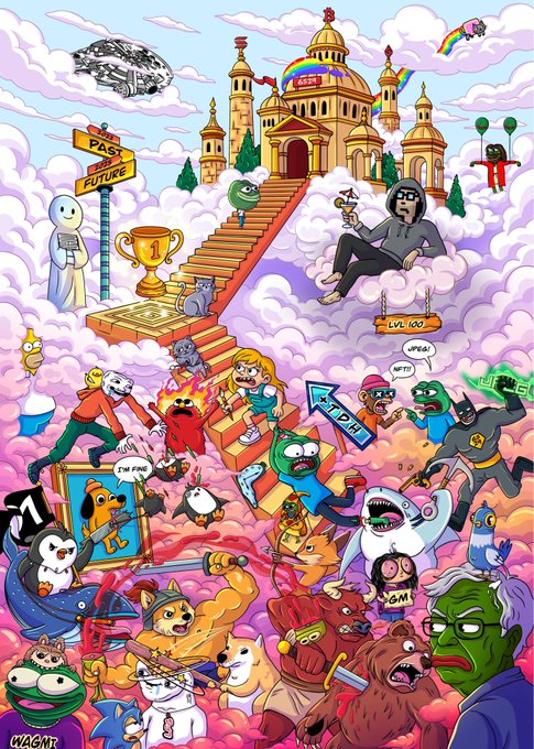 Colorful cartoon illustration depicting numerous crypto/NFT characters climbing toward 'PROMIUM,' 'FUTURE, and 'GOLD' levels in a cloud-based game scene.