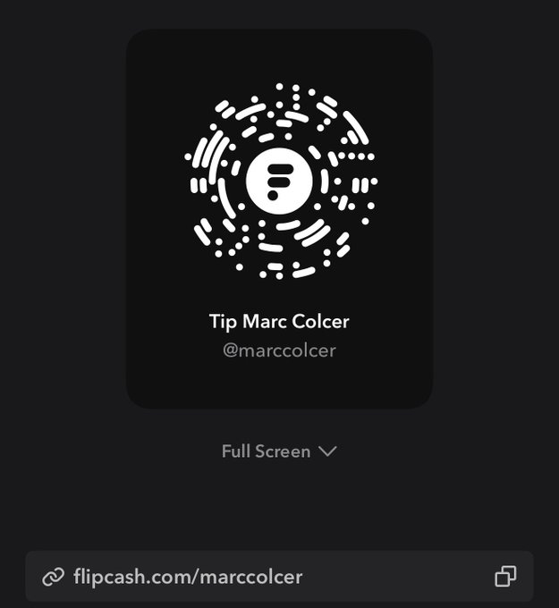A Flipcash tip card for "Tip Marc Colcer" (@marccolcer) is displayed with a QR code and link (flipcash.com/marccolcer), matching the post's invitation to create a @flipcash tip card and share usernames for a free coffee.