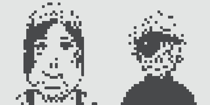Two pixel-art style portraits of young people rendered in dark gray on a white background, with a boy on the left and a curly-haired person on the right.