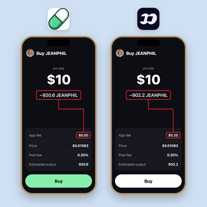 A comparison image showing two smartphone screens displaying a 'Buy JEANPHIL' transaction for $10, contrasting apps with $0 fees yielding ~920.6 JEANPHIL versus apps with $0.20 fees yielding ~902.2 JEANPHIL.