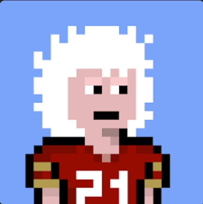A pixel art NFT-style portrait of a figure with white hair wearing a red sports jersey with the number 21.