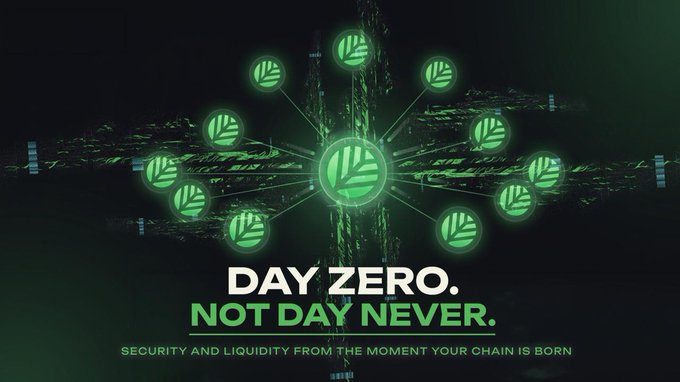 A digital graphic with a dark green technological background displays connected green icons and the text 'DAY ZERO. NOT DAY NEVER. SECURITY AND LIQUIDITY FROM THE MOMENT YOUR CHAIN IS BORN'.