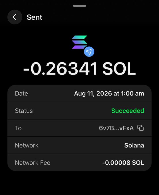 A screenshot of a successful Solana transaction showing -0.26341 SOL sent to address 6v7B...vFxA on Aug 11, 2026, likely serving as proof of a crypto giveaway payment to a second giveaway winner.