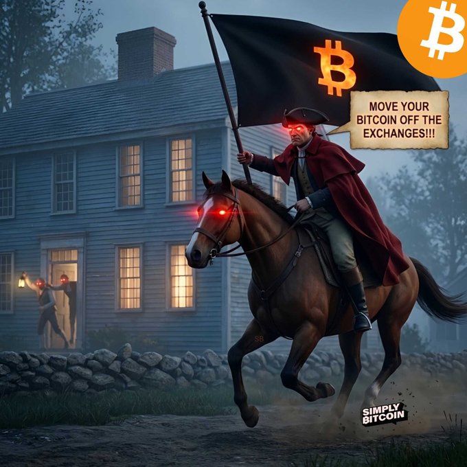 A digital artwork shows a man on horseback with a Bitcoin flag riding past a colonial house where a figure in the doorway has glowing red eyes; a speech bubble says 'MOVE YOUR BITCOIN OFF THE EXCHANGES!!!' with the 'SIMPLY BITCOIN' logo at the bottom.