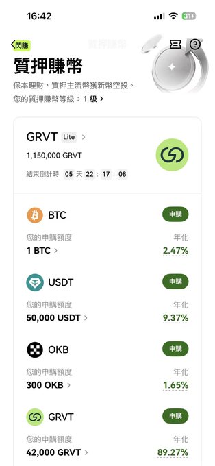 A mobile app screenshot in Chinese showing a crypto lending/earning page with assets including BTC, USDT, and OKB with various APR rates, and a GRVT token offering 89.27% annualized return.