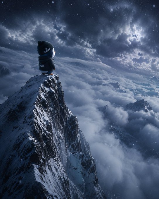 A cinematic scene of a small hooded figure standing on the peak of a snow-covered mountain, gazing out over a sea of clouds beneath a starry night sky.
