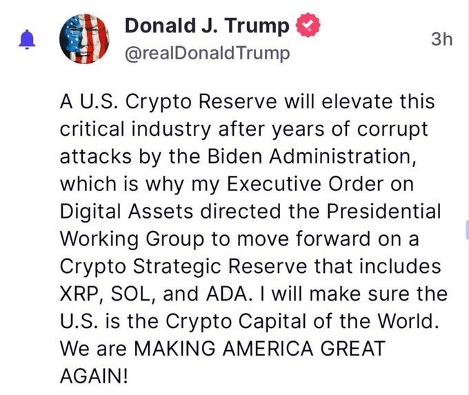 A screenshot of a post from Donald J. Trump (@realDonaldTrump) announces a U.S. Crypto Strategic Reserve including XRP, SOL, and ADA, stating it will make the U.S. the "Crypto Capital of the World." The accompanying #XRP post likely celebrates XRP's inclusion in the proposed reserve, aligning with the tweet's mention of elevating the crypto industry.