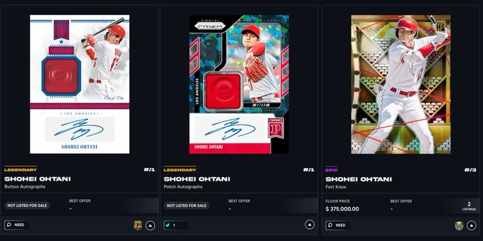 Three digital baseball trading cards of Shohei Ohtani displayed for sale, including Button Autographs, Patch Autographs, and a Part Knox card priced at $375,000 with 2 listings.