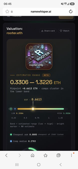 A mobile screenshot from namewhisper.ai showing a valuation for 'rooter.eth' NFT with an estimated range of 0.3306 - 1.3226 ETH and a midpoint of 0.6613 ETH.